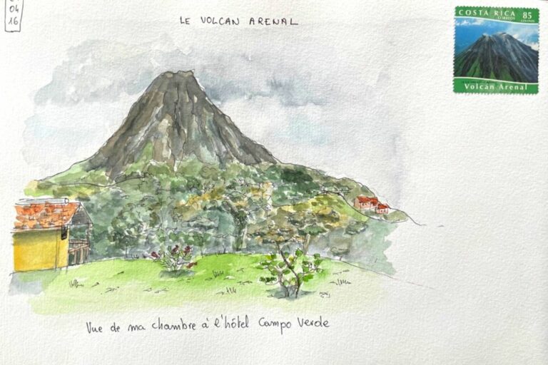 Aquarelle du volcan Arenal au Costa Rica.