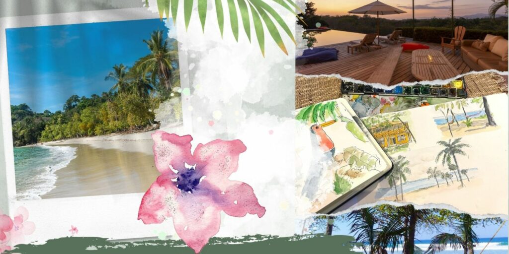 Montage de photos et de dessins à l'aquarelle illustrant la plage et le carnet de voyage au Costa Rica.