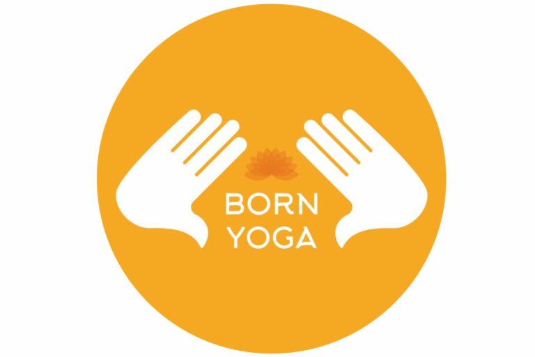 Logo de Mehdi (professeur de yoga) avec cercle jaune et 2 mains entourant une image de lotus orange avec l'inscription Born Yoga.