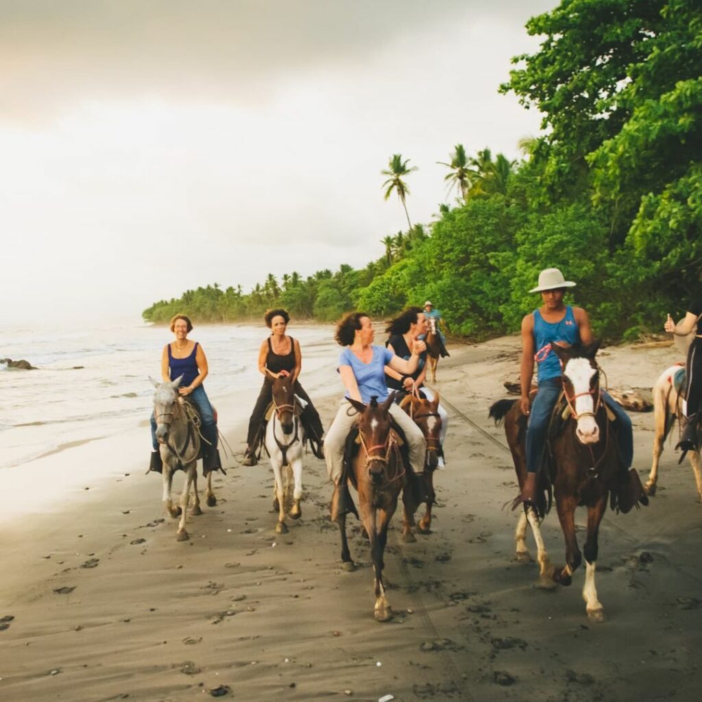 Photo d'un groupe de personnes avec leurs chevaux sur la plage en fin de journée.