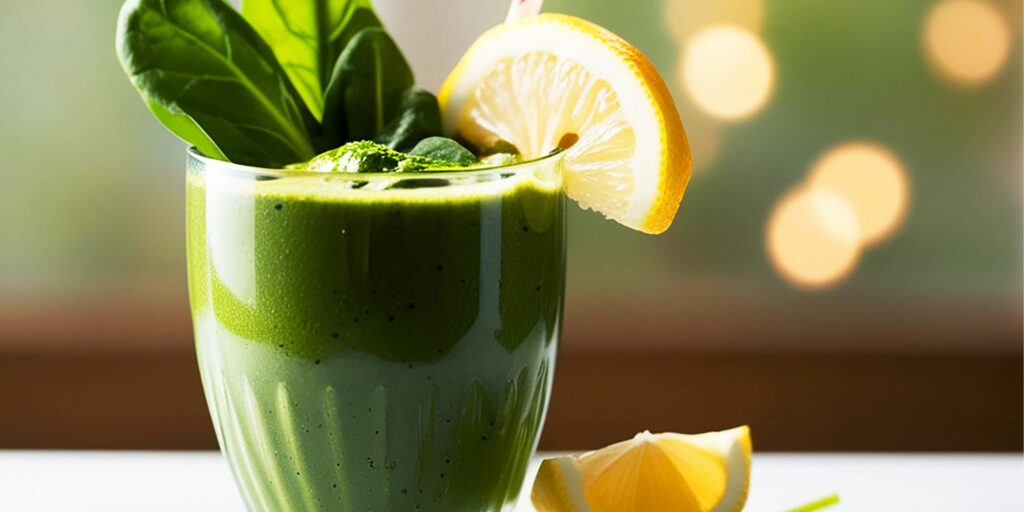 Photo d'un verre de jus détox vert avec rondelle de citron et épinards.