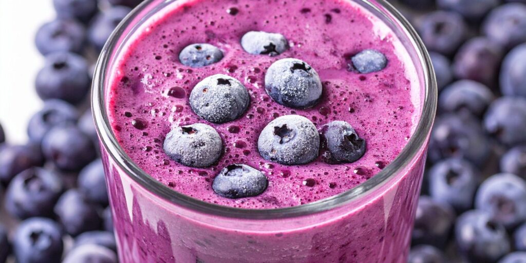 Photo d'un verre détox couleur violet avec des myrtilles.