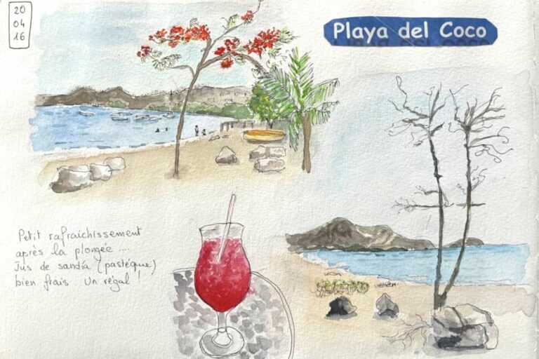 Aquarelle de la plage Playa del Coco au Costa Rica et petit dessin du verre de rafraîchissement.